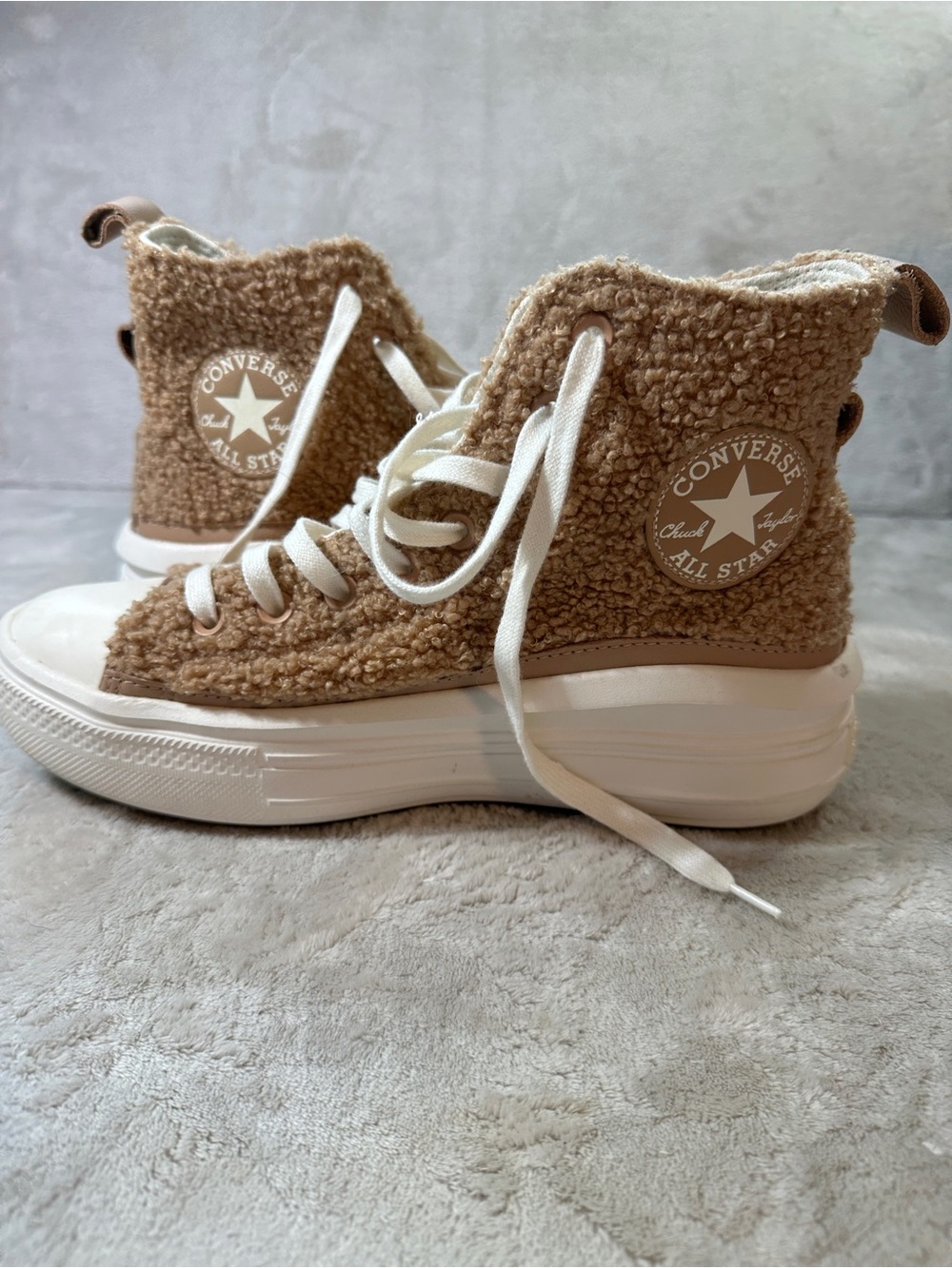 Converse Women’s Tan Sherpa High-Top Sneakers with White Laces